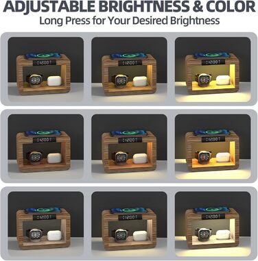 Багатофункціональна бамбукова зарядна станція 5-в-1 з бездротовим зарядним пристроєм, світлодіодним нічником та годинником, сумісна з Apple Watch, AirPods, Samsung Galaxy та іншими пристроями