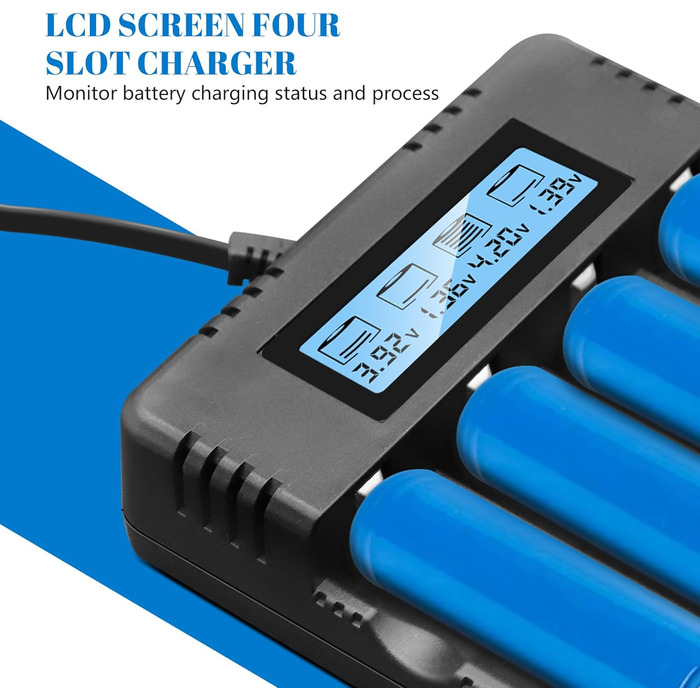 Зарядний пристрій для акумуляторів Li-Ion з LCD-дисплеєм: швидка зарядка 4 слоти, сумісний з 26650/18650/14500/16340