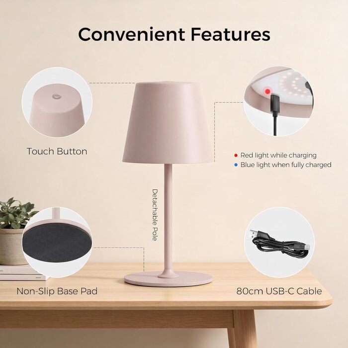 Світлодіодний настільний світильник бездротовий з димером, 2 шт. - Нічник на батарейках для дому та вулиці, IP54, метал (Бежево-рожевий)