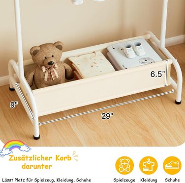 Детский вешалка для одежды MISSLO с корзиной, белая. Компактная стойка для хранения детской одежды, выдерживает большую нагрузку. Размеры: 38 x 81 x 114 см