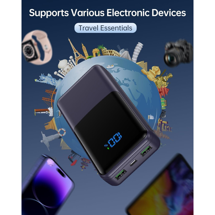 Power Bank Coblob 27000mAh з LED дисплеєм: швидка зарядка USB-C 30W, 3 виходи, 2 входи, для смартфонів, планшетів, AirPods та іншого (Темно-синій)