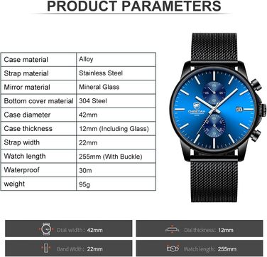 Чоловічий годинник, спортивний, кварцовий, аналоговий, чорний mesh-браслет, нержавіюча сталь, водонепроникний, хронограф, автоматична дата (чорний-чорний-синій)