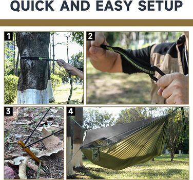 Гамак для кемпінгу з москітною сіткою та відтяжкою, великий на 2 особи, 290 x 140 см, легкий, для відпочинку на природі, походів, подорожей та рюкзаків, армійний зелений (чорний)