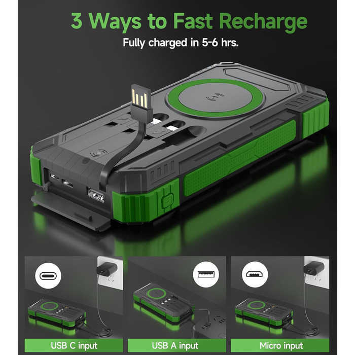 Портативний зарядний пристрій Solar Powerbank 56800mAh з бездротовою зарядкою, 30W PD, 6 виходів, ліхтарик, велика ємність для кемпінгу та подорожей (Зелений)