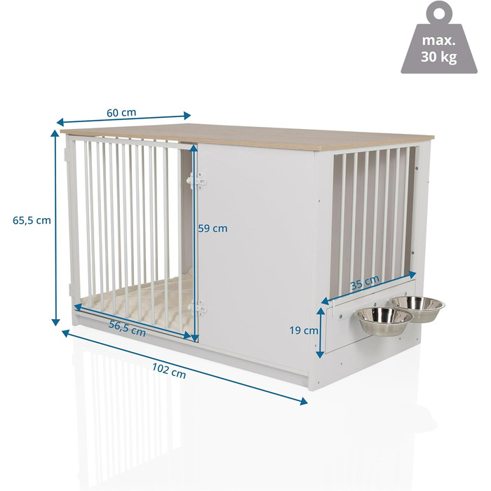 PAWHOME XL Клітка для собак, 102x60x66 см, білий/дуб, з мисками, до 30 кг