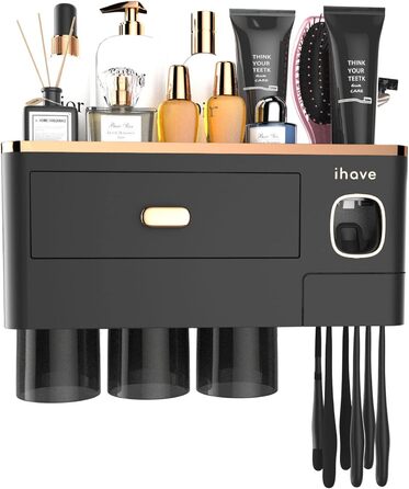 IHave Wall-Mounted Toothbrush Holder, Bathroom Toothbrush Holder with Toothpaste Dispenser, 3 Cup Toothbrush Holder with Drawer, Large Capacity Toothbrush Organizer Bathroom Black Gold