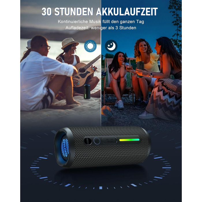 Портативна Bluetooth колонка OHAYO 24W з RGB підсвіткою, Bass Boost, 30 годин роботи, IPX7, підтримкою дзвінків та водонепроникністю для відпочинку на природі, вечірок, пляжу, саду (чорна)