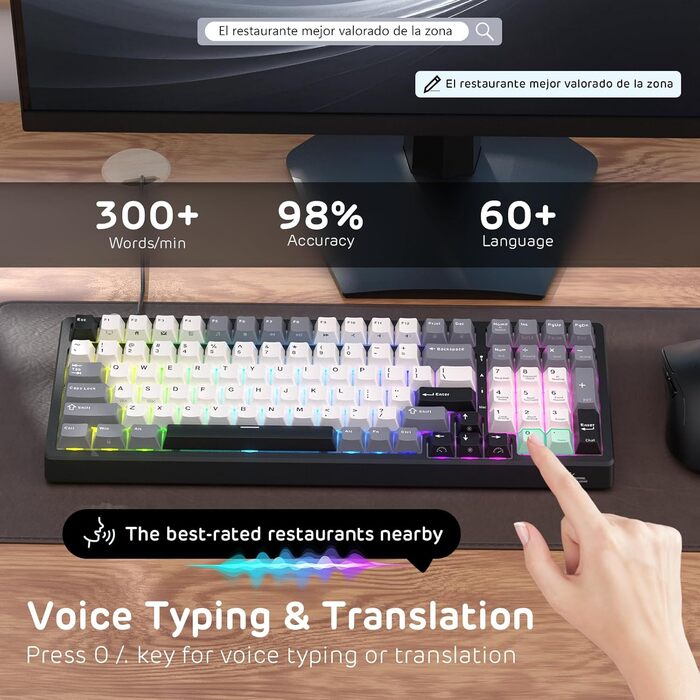 Ігрова механічна клавіатура Royal Kludge RK100 з RGB-підсвічуванням, 100 клавіш, QWERTY, Hot-Swap, USB, підтримка AI