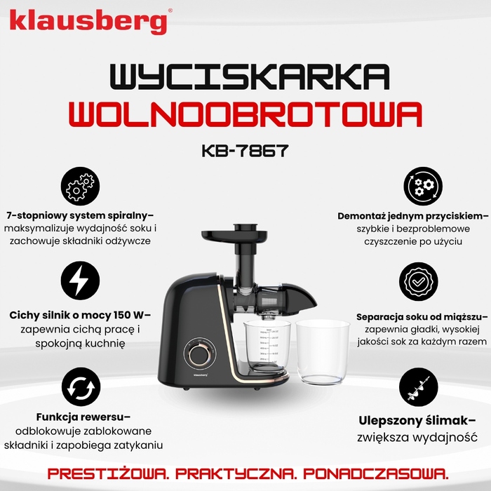 Горизонтальна шнекова соковижималка Klausberg KB 7867, 150 Вт