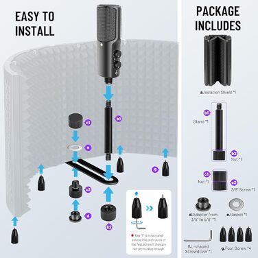 Акустичний ізоляційний екран для мікрофона CAHAYA, 5-панельний поглинач звуку та поп-фільтр, регульований на 180°, складаний захисний щит для студійного запису