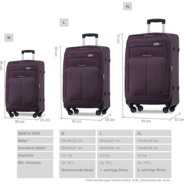 Чемодан тканинний BEIBYE, набір валіз-тележек, з кишенями та замком, 54 см (M-ручна поклажа), червоний та фіолетовий кольори