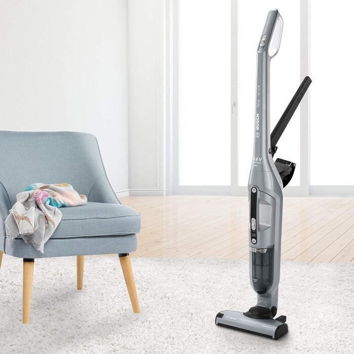 Акумуляторний пилосос Bosch Flexxo 2в1 Serie 4 BCH3P210, безмішковий, потужний, для всіх типів підлог, довга автономність, швидка зарядка, насадка для щілин, сріблястий, 21,6 В