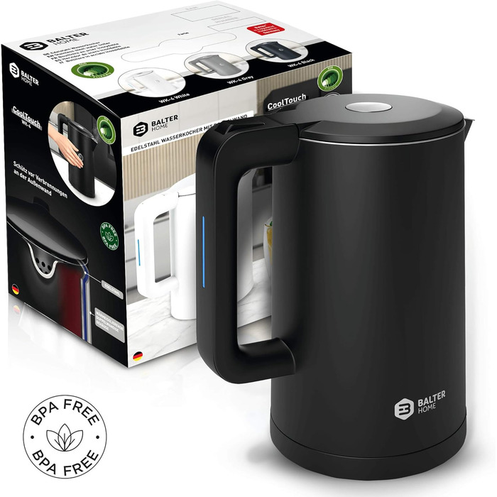 Balter Stainless Steel Kettle WK-4, 1.7 Liter, Electric Kettle, Double-Walled Design, BPA Free, LED, Compact Tea Kettle, Quiet (Black)