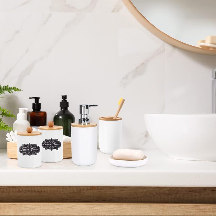 Bamboo Bathroom Accessories, 8-Piece Bathroom Accessory Set with Trash Can, Toothbrush Holder, Soap Dispenser, Soap Dish, Plastic Q-Tip Holder
