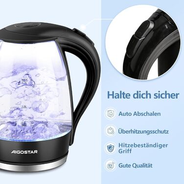 Електричний чайник Aigostar Adam 2 шт., 1.7 л, 2200 Вт, зі скляною колбою, LED-підсвічуванням, без BPA, з фільтром від накипу, чорний