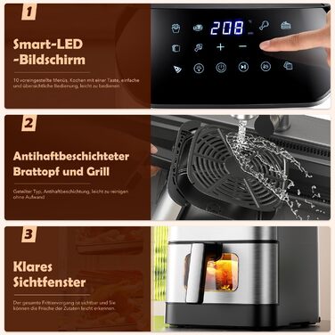 Фритюрниця повітряна 8L з цифровим LED-дисплеєм та вікном, 10-в-1, без масла, здорове приготування їжі