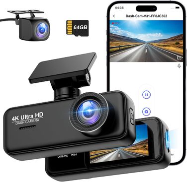 Відеореєстратор SIGRILL Dashcam Auto 4K+1080P з Wi-Fi, двоканальний, з карткою 64GB, нічне бачення, паркувальний режим, G-сенсор, запис по колу, підтримка до 256GB