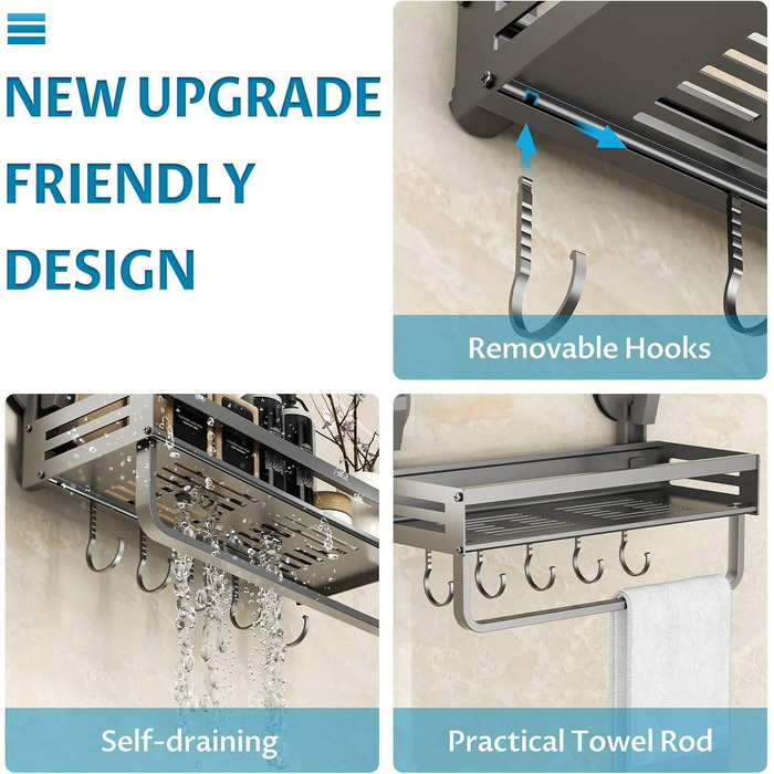 Поличка для душу Onemake з присосками, Дзеркальна поличка для ванної кімнати з ручками, Організатор для ванної кімнати з тримачем для рушників, Матовий чорний (30 см, 1 шт.)