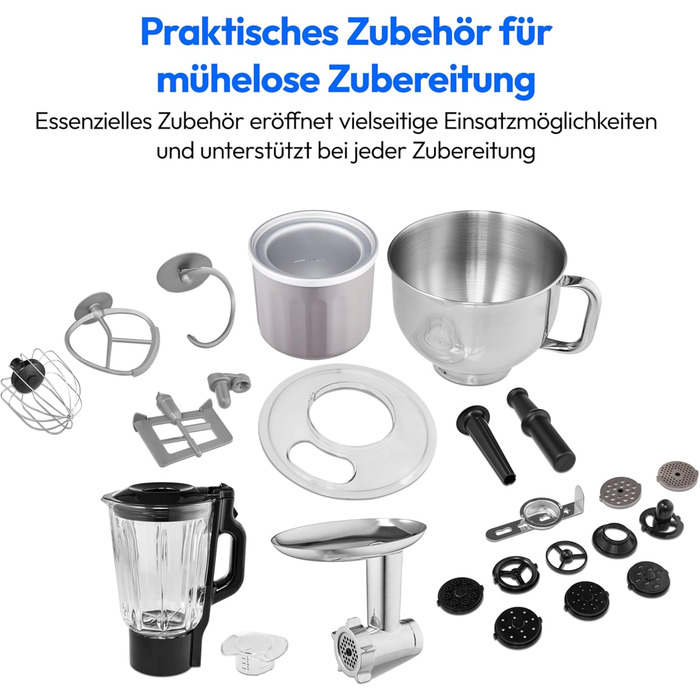 Кухонна машина MEDION MD18430: 3-в-1 (міксер, м'ясорубка, тістоміс), 5 л чаша з нержавіючої сталі, 1200 Вт, цифровий дисплей, чаша для льоду, титан