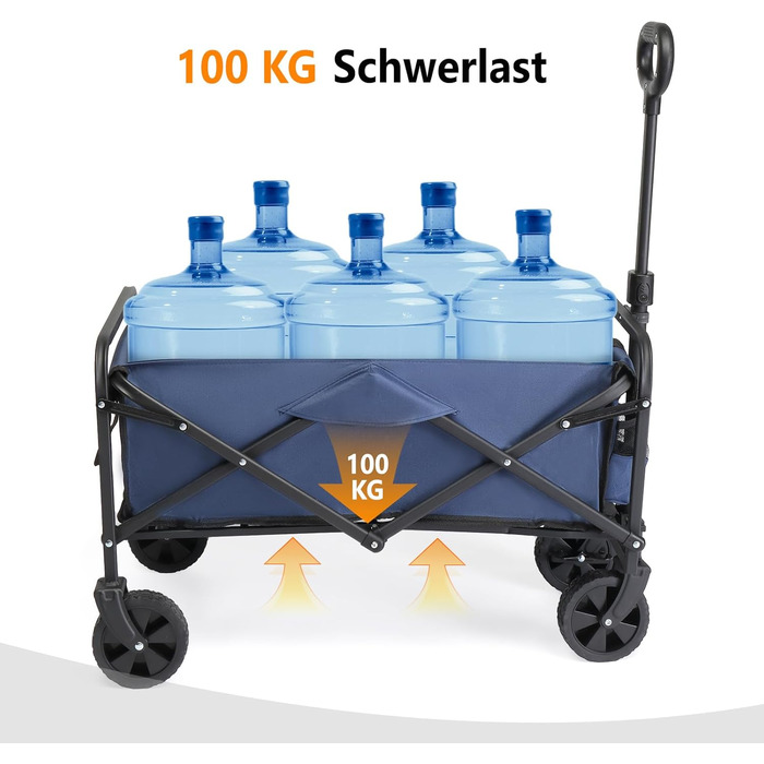 Візок-теліжка Bonnlo Bollerwagen складаний, 100 кг, 600D Oxford, синій - для кемпінгу, покупок, саду