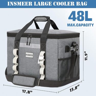 INSMEER 48L Термосумка-холодильник 48л, XXL, для пікніка, кемпінгу, пляжу, туризму. Водостійка, теплоізольована сумка-шопер. Темно-сірий колір.
