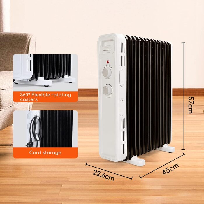 Електричний масляний радіатор Aigostar 2500W з термостатом, 13 ребер, 30м², 3 режими, захист від перекидання та перегріву