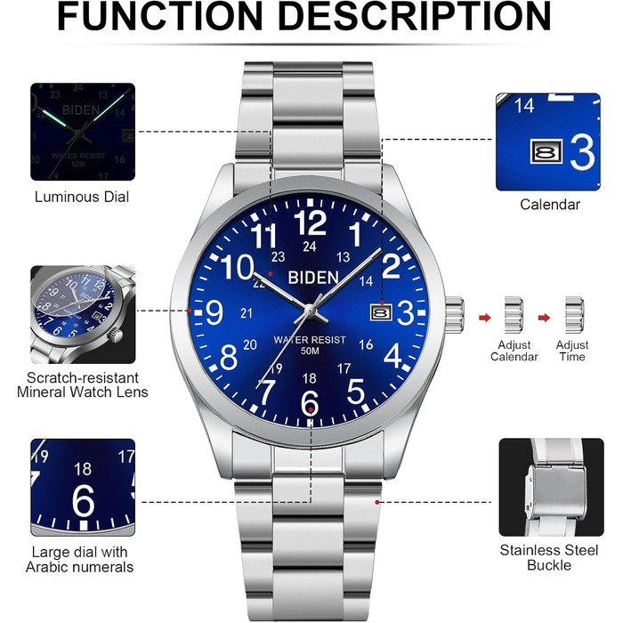 Годинник чоловічий LENQIN з нержавіючої сталі, аналоговий кварцовий годинник на зап'ястя, водостійкий 30M, стильний повсякденний годинник для чоловіків (01 - Сріблястий/Синій)