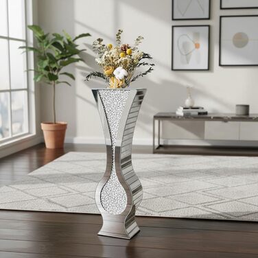 Ваза для квітів велика 68 см, підлогова ваза: срібна ваза з кристалами для пампас трави, скляна ваза з дзеркальним покриттям, декоративна ваза з блискітками для вітальні, декор інтер'єру – не для води (21.5L x 13B x 68.5H cm)