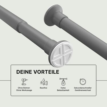 Штанга для карнизів без свердління, Ø 25 мм - телескопічна штанга для штори, душова штанга, кріпиться без свердління, для вікон, перегородок, кухні (70-120 см, 90-160 см, сіра)