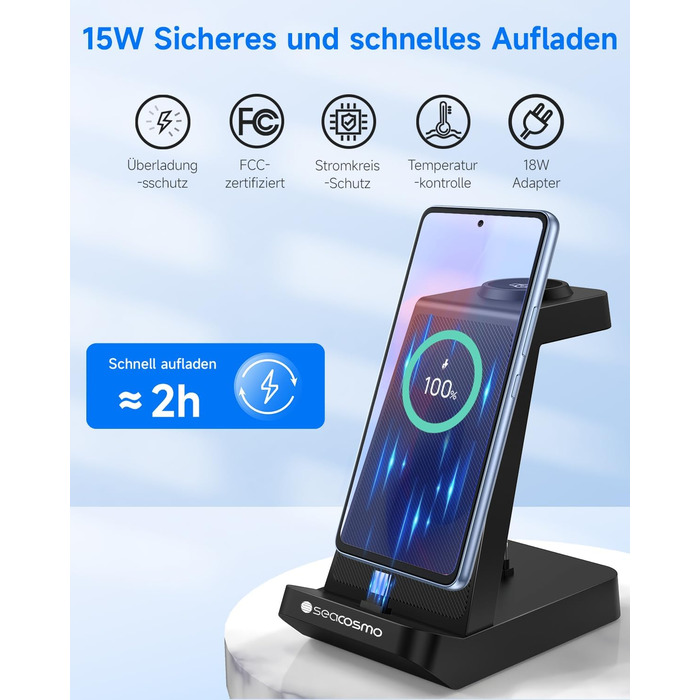Seacosmo Зарядна станція 3-в-1, 18W для Samsung Galaxy Buds, A55/A54/A35/A34/A16/A15/A14/A06, Galaxy Watch 8/7/6/5/4/3/2/Pro/Classic/Active - Бездротовий зарядний пристрій, чорний