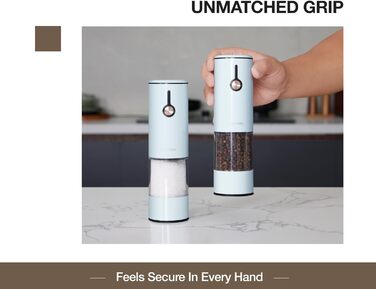 Електричні млини для солі та перцю 2 шт. з USB-зарядкою, 6-ступеневий помел, LED-підсвічування, антиковзне покриття та захист від пилу – кухонні помічники (Morning Haze)