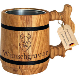 Viking Beer Mug with Engraving - Gift for Beer and Medieval Fans, Wooden Cup with Name + Motif - Alternative to Mead Horn, Drinking Horn, and Beer Stein