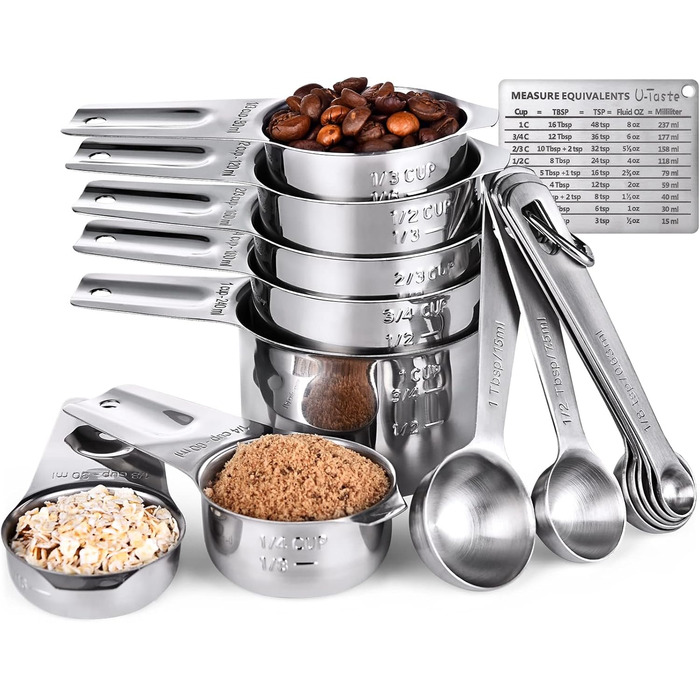 U-Taste Measuring Cups and Spoons with Scale, 15 Piece Set Made of 18/8 Stainless Steel: 7 Cup Beakers & 7 tsp/tbsp Measuring Spoons with 2 D-Rings and 1 Professional Magnetic Conversion Chart (Silver)