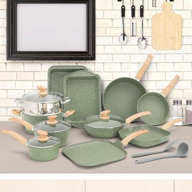 Kitchen Academy 17-Piece Induction Cookware Set with Glass Lids and Granite Coating, including Frying Pans and Pots (green 17 pc)