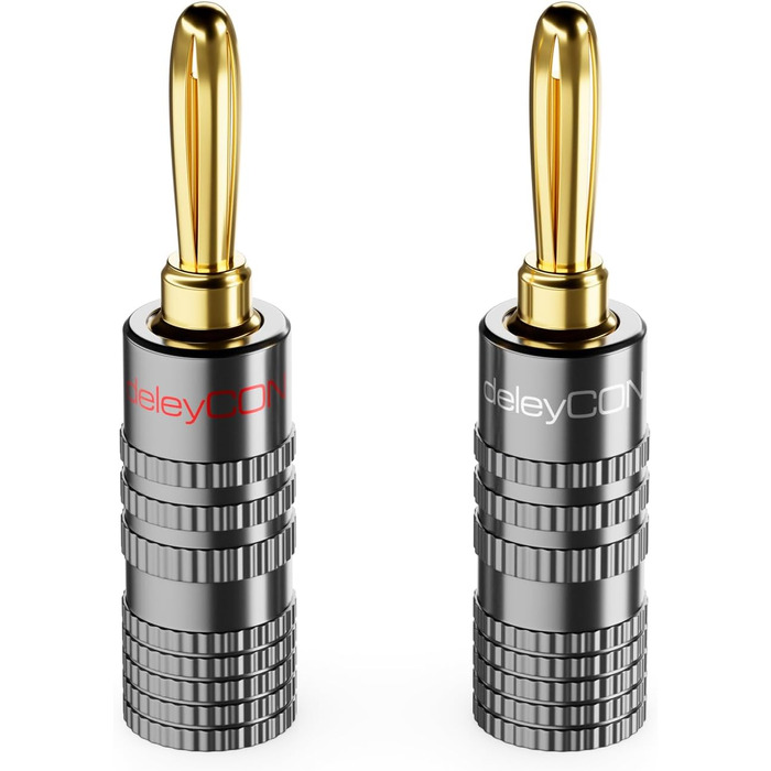 Набір бананових конекторів DeleyCON (8 шт.) – позолочені, гвинтові, для акустичних/динамічних кабелів, 0.75-4.5 мм, Hi-Fi аудіо, домашній кінотеатр, сірий