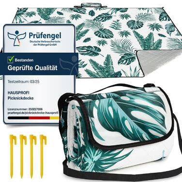 Плед для пікніка HAUSPROFI 200x300 см, водонепроникний, ізольований, зелений з квітковим малюнком. Для пляжу, кемпінгу, з ручкою та кілочками