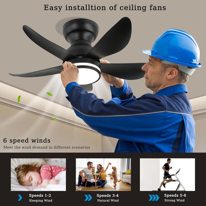 30-дюймовий стельовий вентилятор з підсвічуванням RGB, диммирування, керування пультом та додатком, 6 швидкостей, таймер, чорний, діаметр 76 см