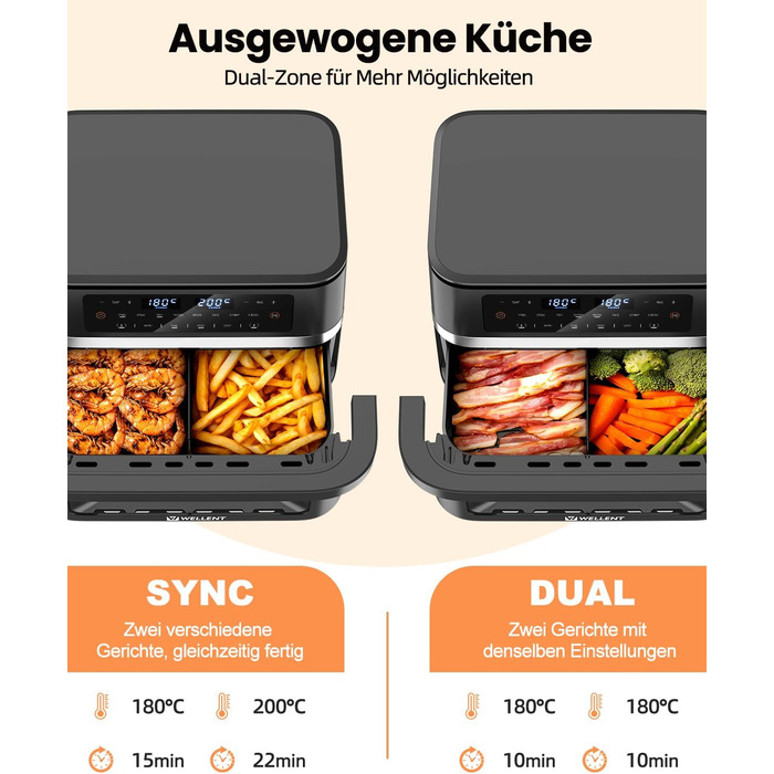 Аерофритюрниця WELLENT 12L Dual Zone XXL - 2950W з двома камерами (6+6L) з оглядовим вікном, функцією Match & Sync, нагадуванням про струшування, придатна для миття в посудомийній машині