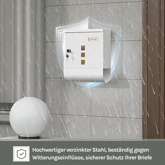 Поштовий ящик WOLTU з газетницею, оглядовим вікном та табличкою для імені, настінний, замикається (2 ключі), білий (30,5x33,5x9 см)