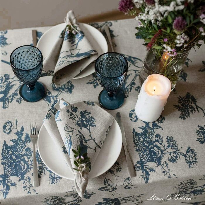 Linen & Cotton High-Quality Vintage 4 x Fabric Napkins Napkins Linen Napkins Flores with Floral Pattern - 100% Linen, Beige Blue (43 x 43 cm) for Home Kitchen Dining Room Decoration