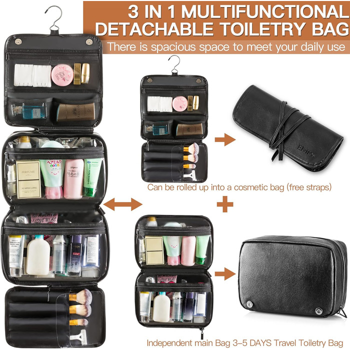 Чоловіча косметичка Elviros з PU-шкіри, 3 в 1, велика, водонепроникна, для подорожей, чорна