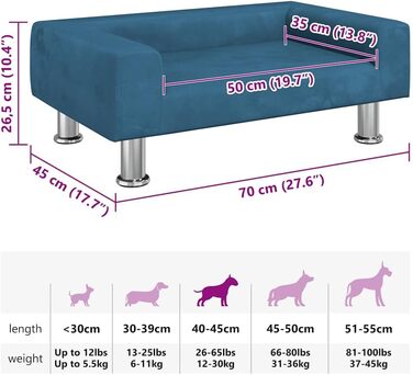 Крісло-ліжко для собак, м'яке ліжко для домашніх тварин, крісло для собак та котів, світло-блакитний велюр (70 x 45 x 26.5 см)