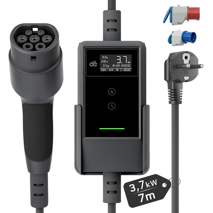 Кабель для зарядки електромобіля Type 2 Schuko 3,7kW (6-16A, 1-фазний) з LCD-дисплеєм, 7м, чорний, для ID.3/4/5/7, Model Y/3, ENYAQ та інших PHEV/EV