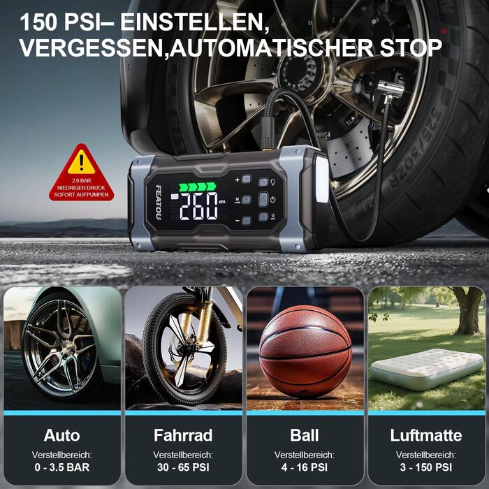 Powerbank для автомобіля Starthilfe 7000A з компресором 150PSI, 12V, до 10L дизеля, QC3.0, LCD, ліхтарик