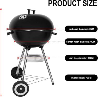 Charcoal grill, portable, round, with lid, double wheels, grill on stand, φ 41 cm, height 70 cm, black