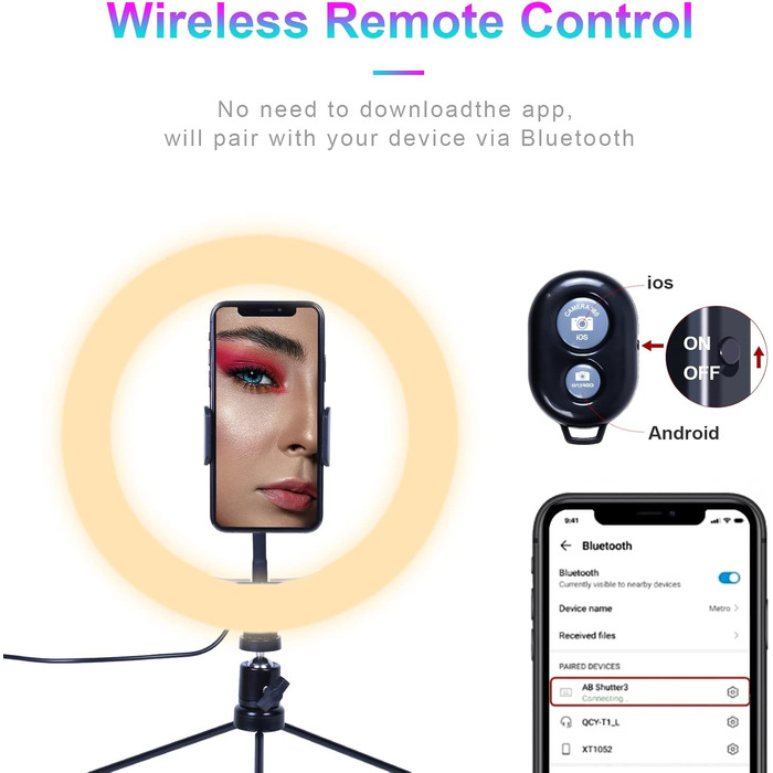 AGM кільцева лампа 14 дюймів зі штативом, Bluetooth пульт, 3 режими світла, 10 рівнів яскравості | LED лампа для відео та фото (10 дюймів)