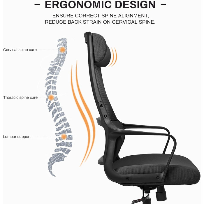 Ергономічне крісло для офісу з регульованою підголівником, крісло для робочого столу з широким сидінням, підтримкою попереку, офісне крісло 200 кг, сітчасте крісло, крісло для дому та офісу, комп'ютерне крісло EN 1335 (Чорний)