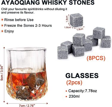 Набір для віскі з кубиками льоду – 8 шт. та 2 склянки, дерев'яна коробка, подарунок для чоловіків та жінок