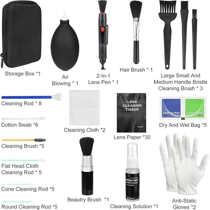Набір для чищення камери 20-в-1: об'єктиви, фільтри, смартфони. Комплектація: стік, щітка, повітряний дмухник, мікрофібра.