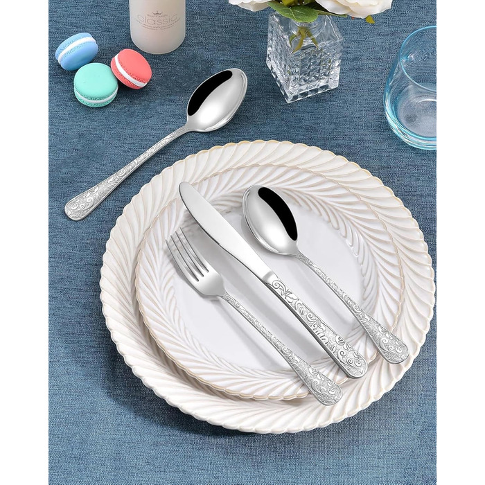 Набір столових приборів Vintage з різьбленням на 6 осіб, нержавіюча сталь, сріблястий (24 предмети) - ложки, виделки, ножі для дому та кухні, поліровані